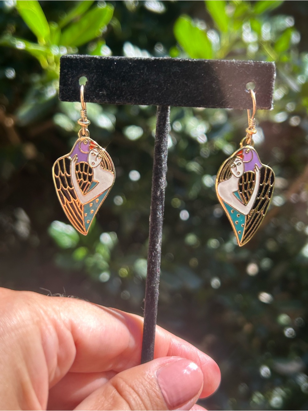 LAUREL BIRCH “Bird Woman” 1993 Enamel Cloisonné Gold EARRINGS